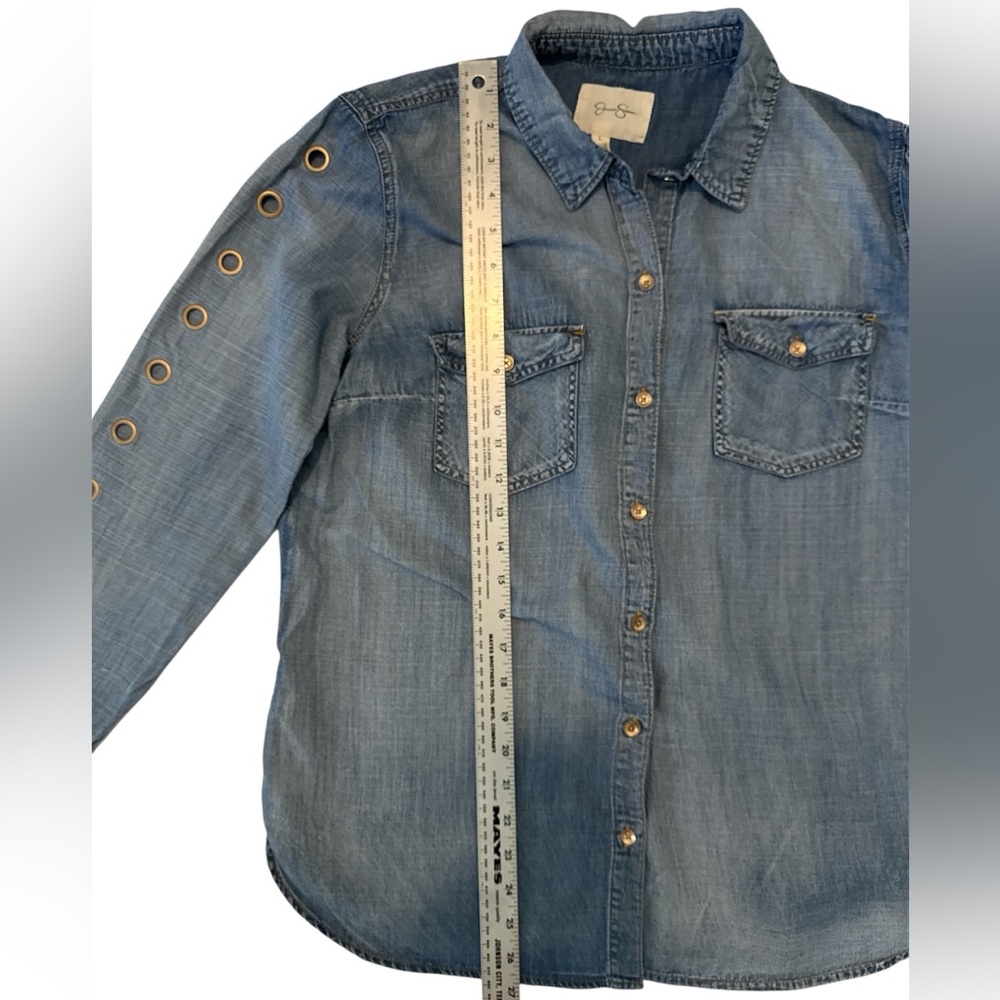 Jessica Simpson Blue Denim Shirt with Grommet Detail on Sleeves - Size Large - Picture 2 of 9